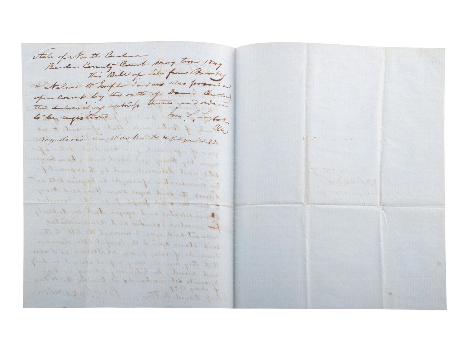 [SLAVERY & ABOLITION]. Manuscript bill of sale for enslaved African Americans "Elias" and "Henry," ages 15 and 12-years old. Bertie County, NC, 14 May 1849.