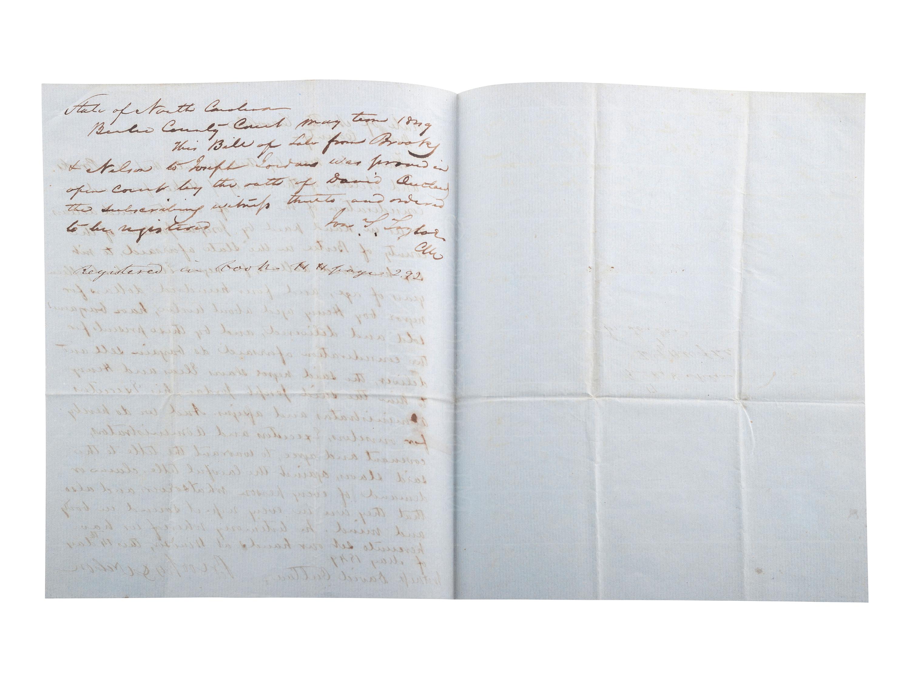 [SLAVERY & ABOLITION]. Manuscript bill of sale for enslaved African Americans "Elias" and "Henry," ages 15 and 12-years old. Bertie County, NC, 14 May 1849.