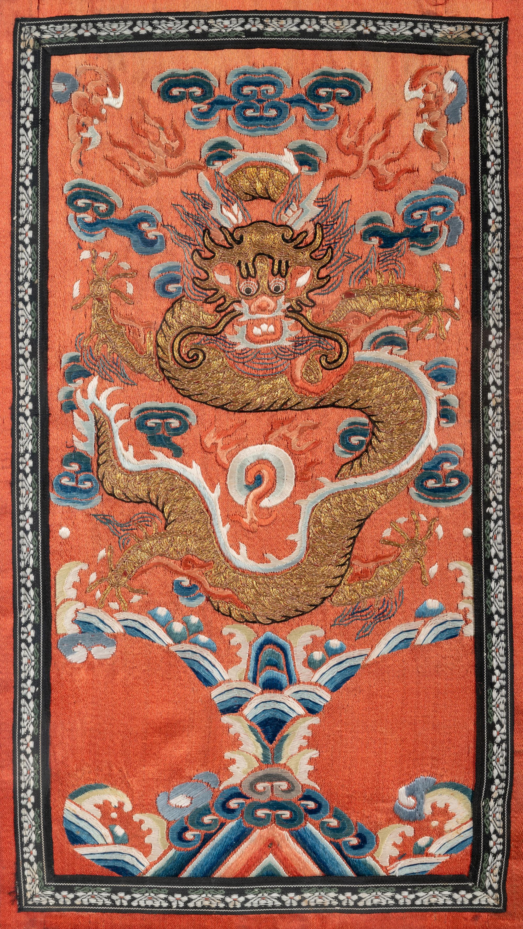 Two Chinese Embroidered Silk 'Dragon' Panels