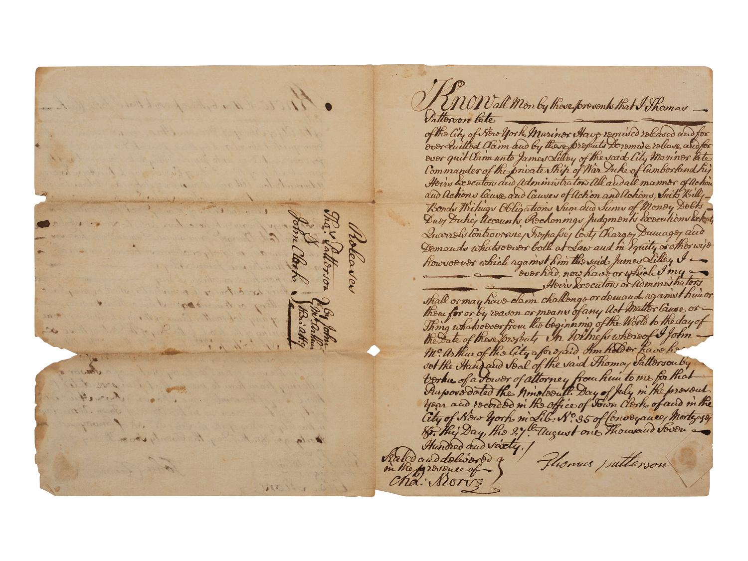 [FRENCH & INDIAN WAR] -- [PRIVATEERS]. A group of 5 documents associated with New York Privateer Captain James Lilley and the British ship he commanded during the French and Indian War, the Duke of Cumberland .