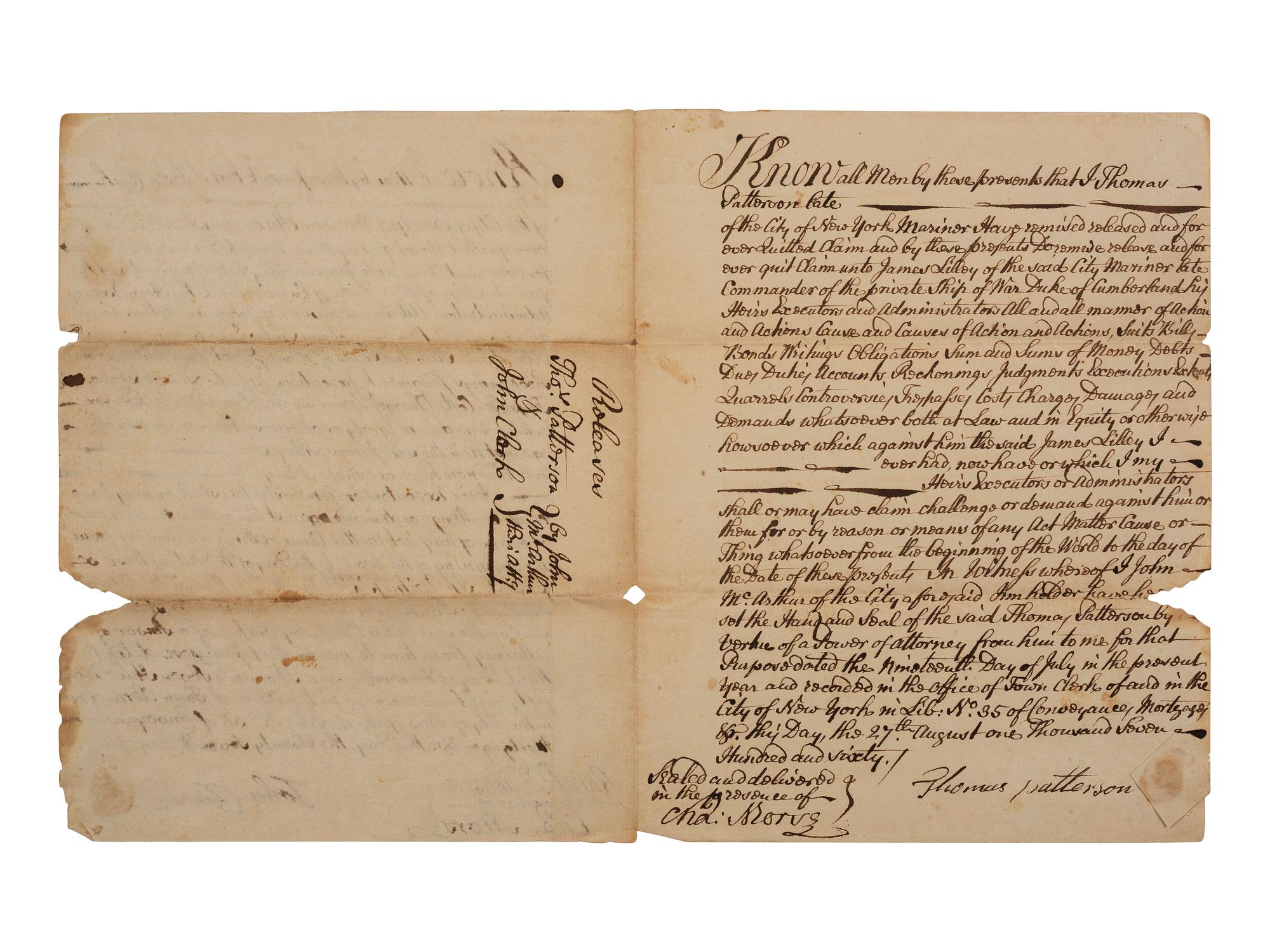 [FRENCH & INDIAN WAR] -- [PRIVATEERS]. A group of 5 documents associated with New York Privateer Captain James Lilley and the British ship he commanded during the French and Indian War, the Duke of Cumberland .