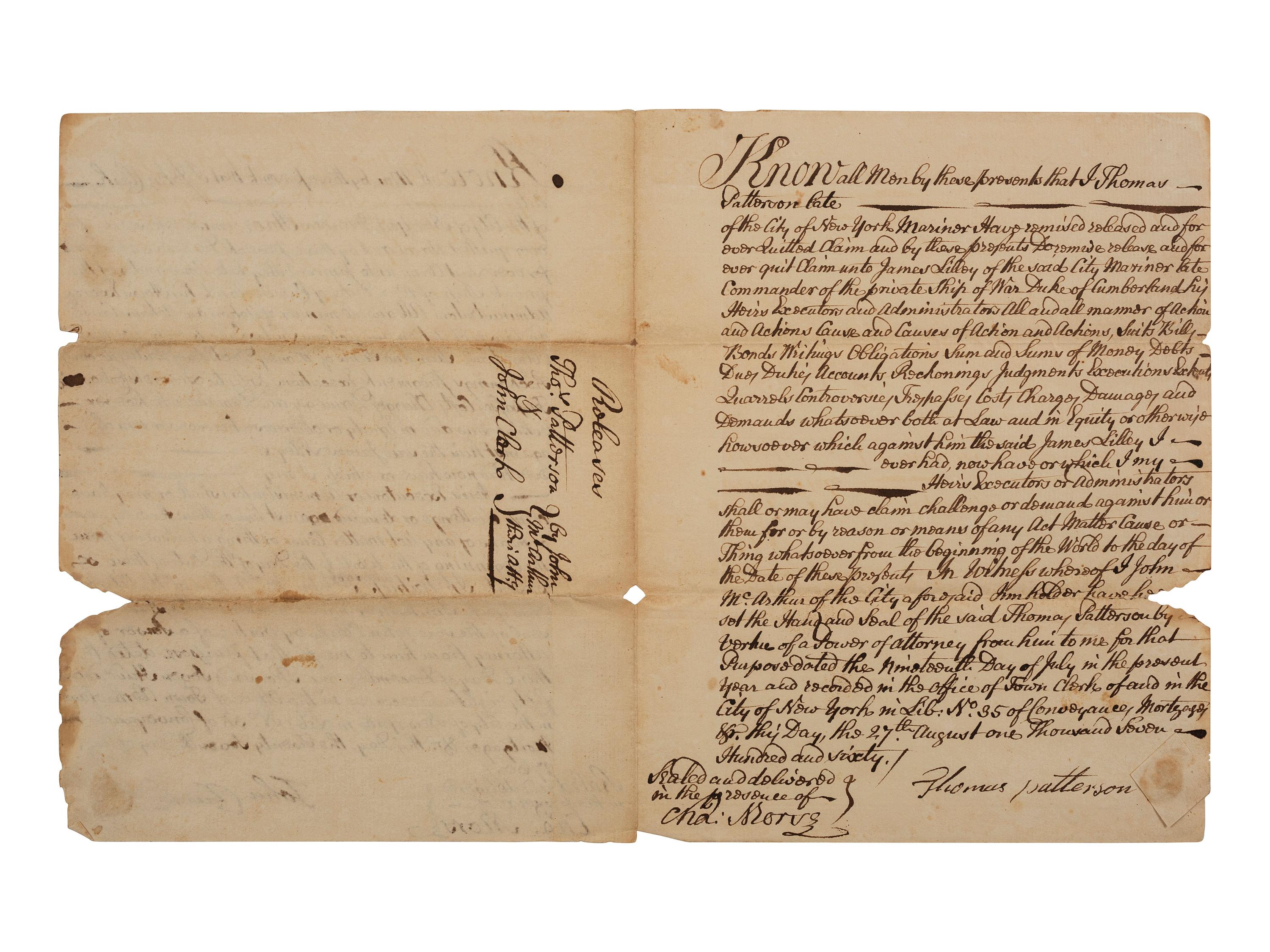 [FRENCH & INDIAN WAR] -- [PRIVATEERS]. A group of 5 documents associated with New York Privateer Captain James Lilley and the British ship he commanded during the French and Indian War, the Duke of Cumberland .
