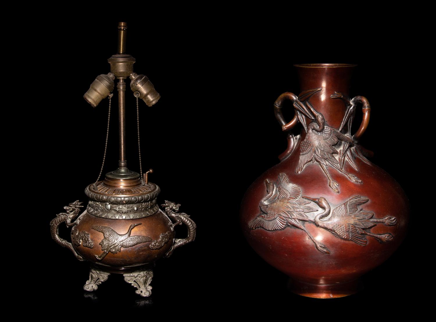 Two Japanese Bronze and Mixed-Metal Vessels