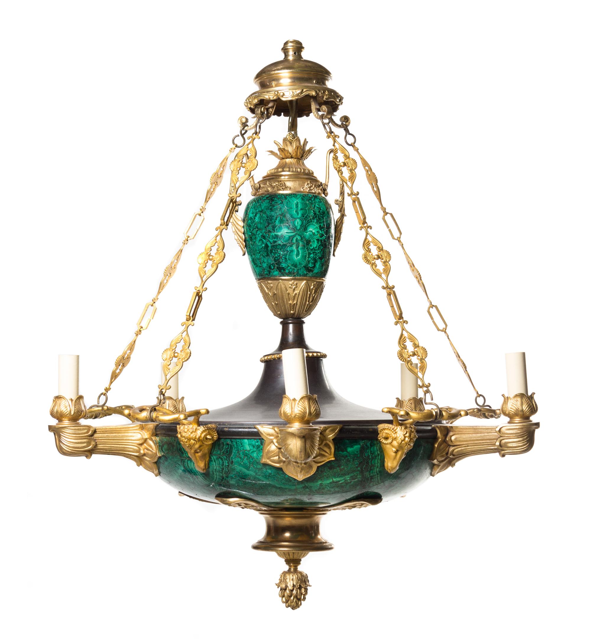 A French Neoclassical Gilt Bronze and Malachite Chandelier