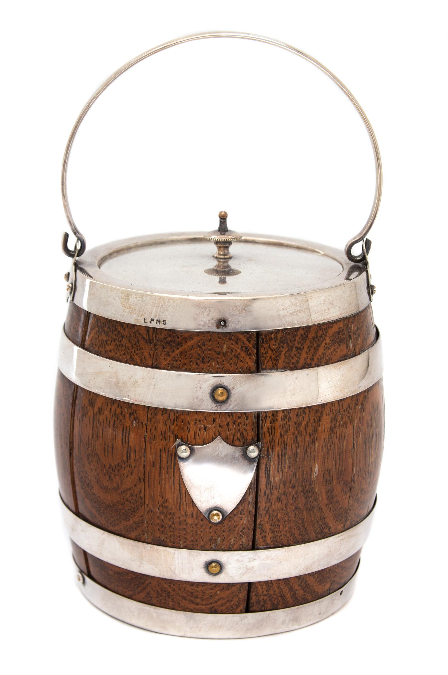 An English Silver Plate Mounted Oak Barrel-Form Ice Bucket Height 7 inches. — 19TH/20TH CENTURY