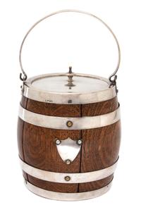 An English Silver Plate Mounted Oak Barrel-Form Ice Bucket Height 7 inches. — 19TH/20TH CENTURY