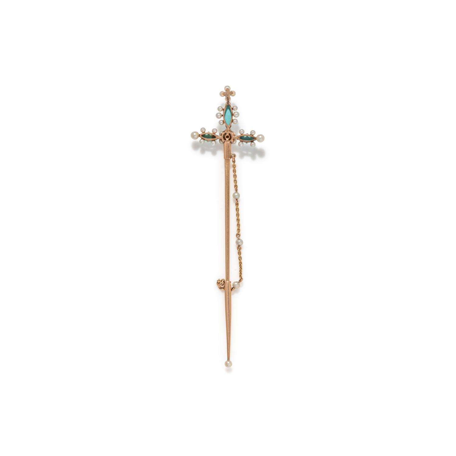 DIAMOND, TURQUOISE AND SEED PEARL JABOT