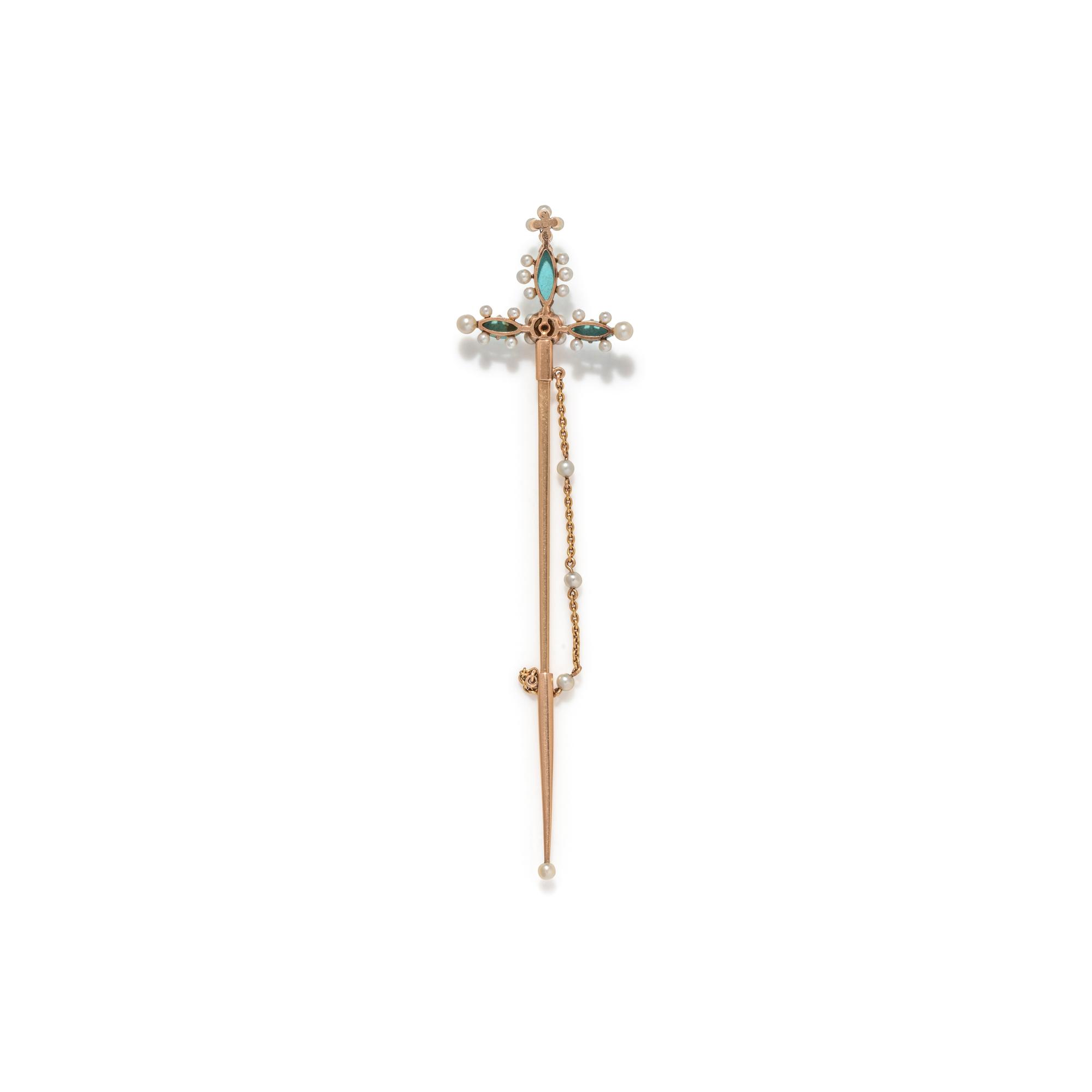 DIAMOND, TURQUOISE AND SEED PEARL JABOT