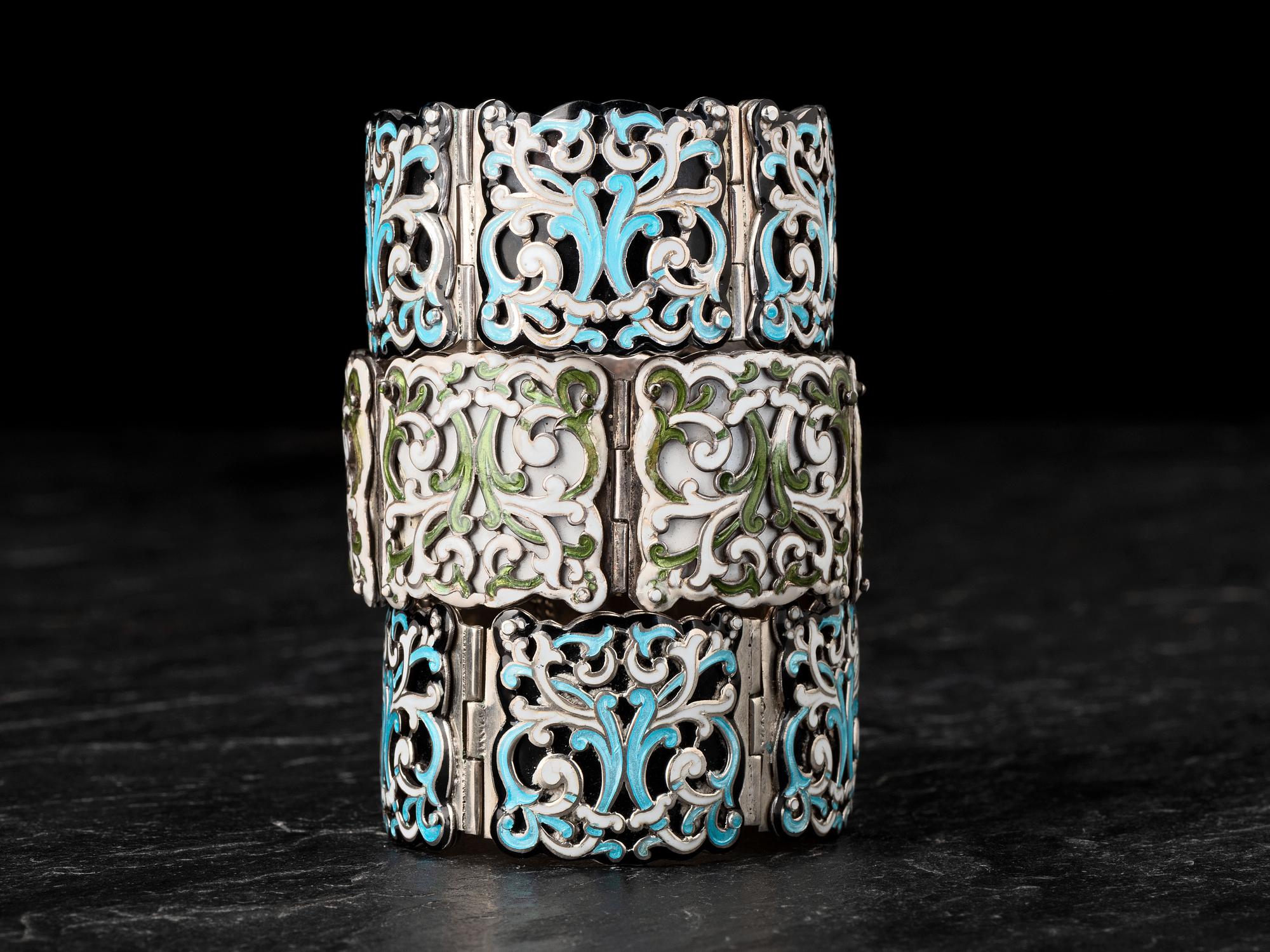 Three Taxco Sterling Silver and Enamel Link Bracelets,1955-1978