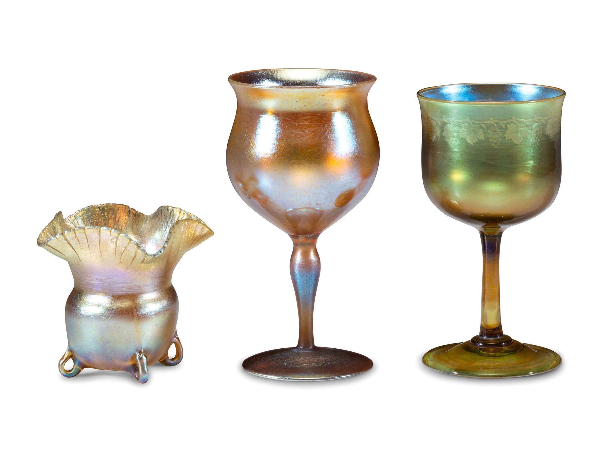 Three Iridescent Art Glass Articles