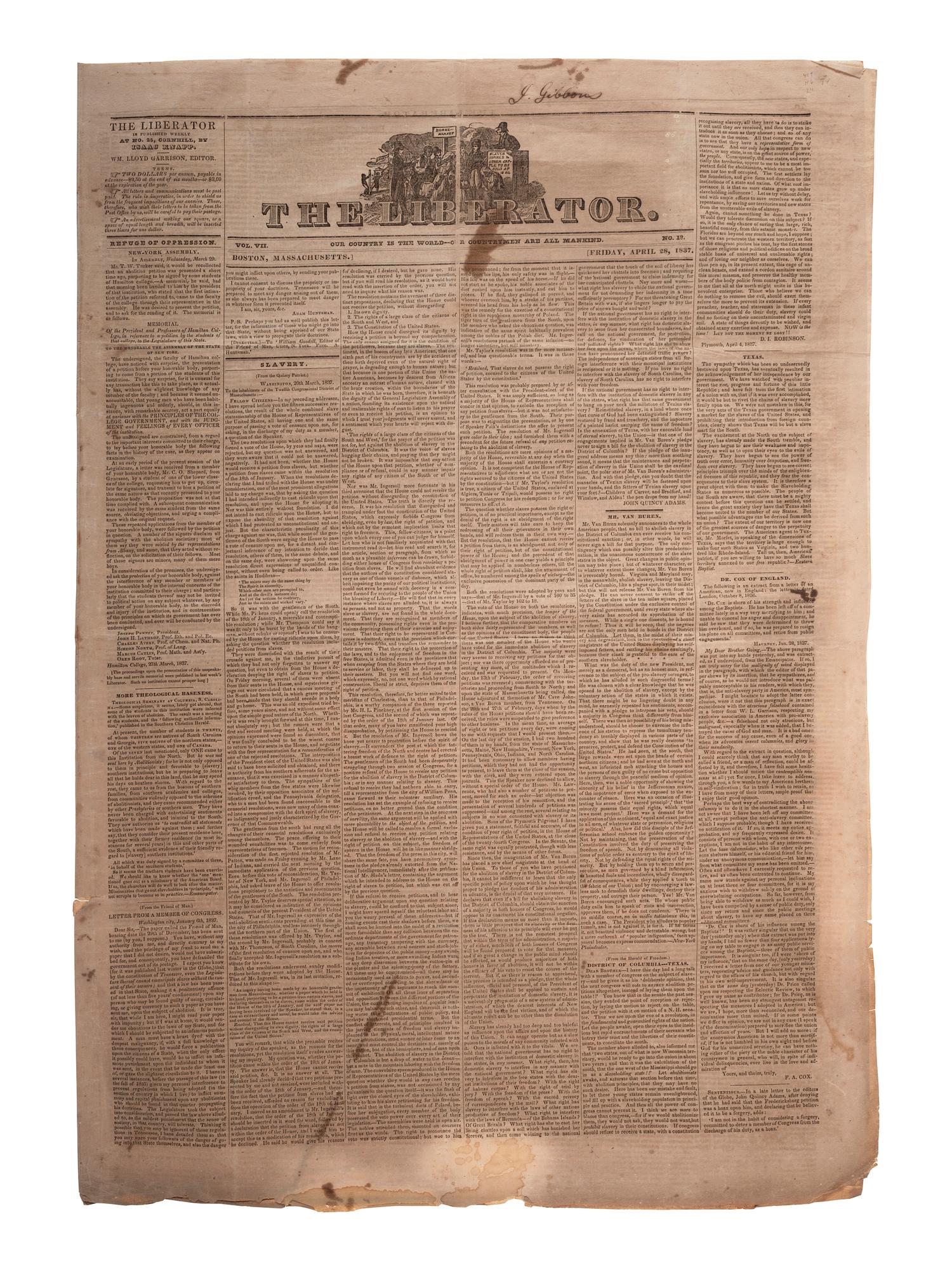 [ABOLITION] The Liberator . 1837 copy attrib. to prominent Quakers active in the Underground Railroad