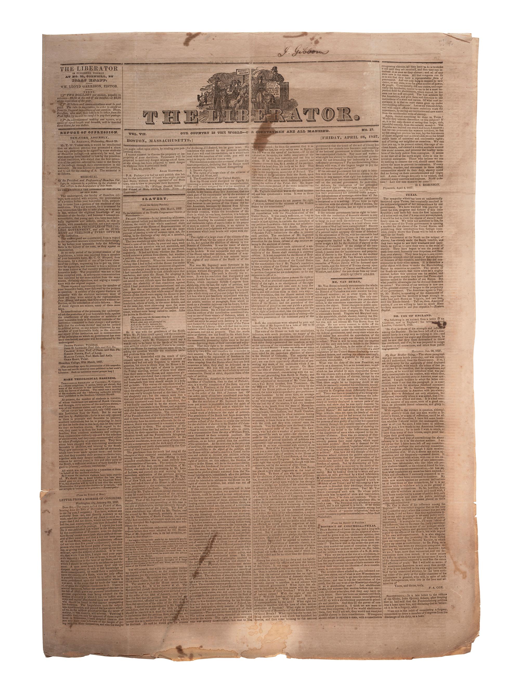 [ABOLITION] The Liberator . 1837 copy attrib. to prominent Quakers active in the Underground Railroad
