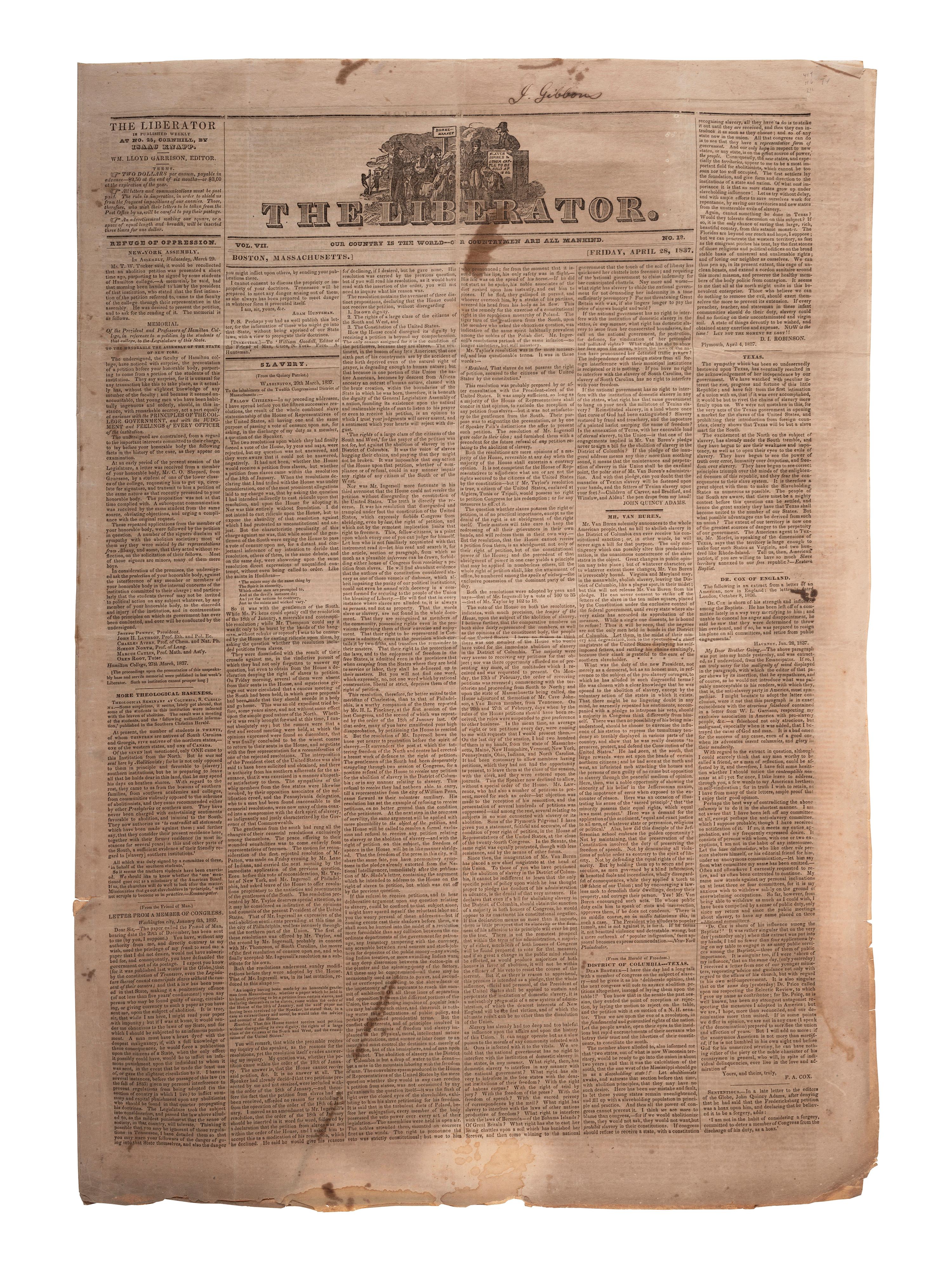 [ABOLITION] The Liberator . 1837 copy attrib. to prominent Quakers active in the Underground Railroad