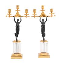 A Pair of Continental Gilt and Patinated Bronze and Cut Glass Three-Light Candelabra