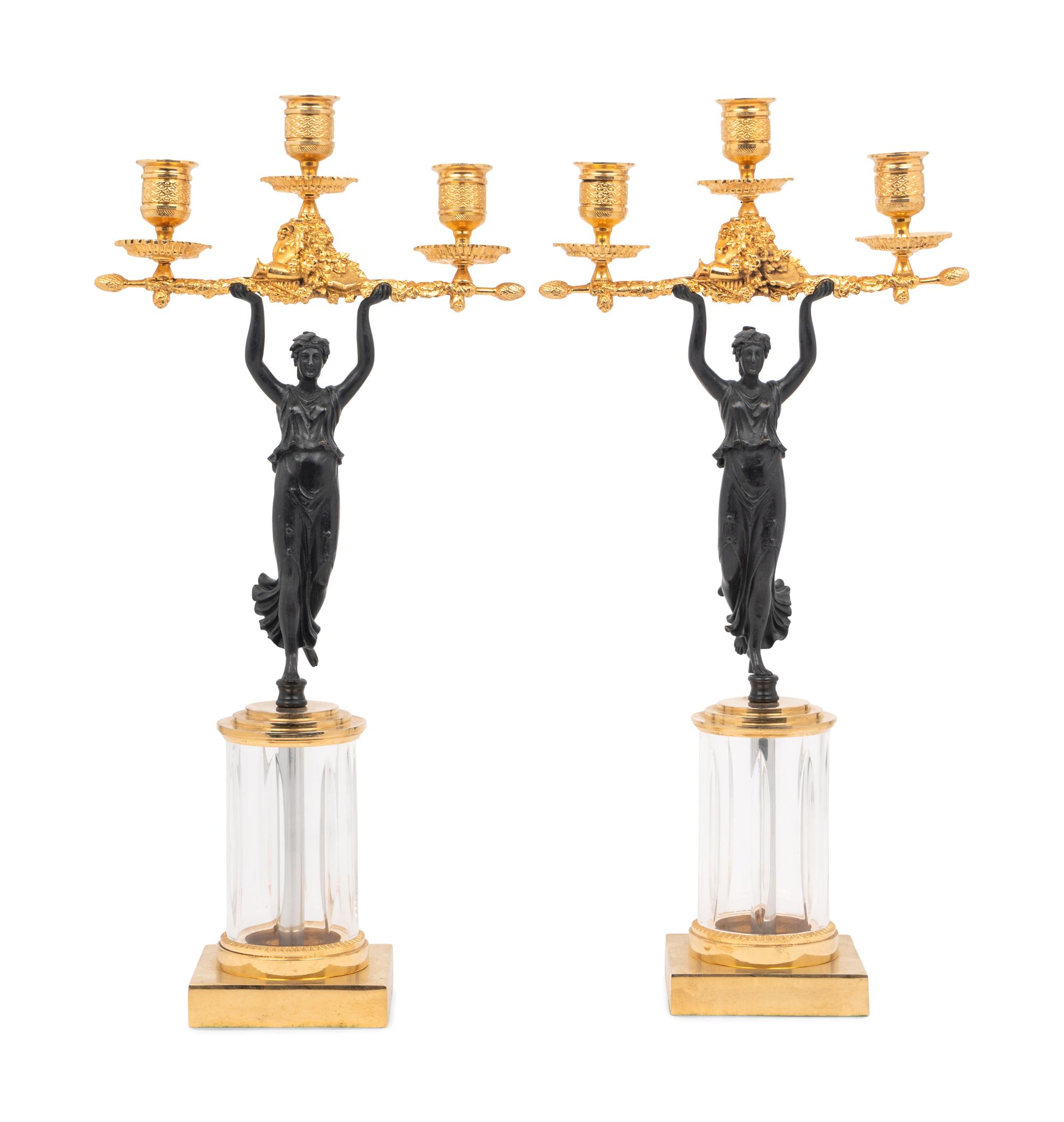 A Pair of Continental Gilt and Patinated Bronze and Cut Glass Three-Light Candelabra