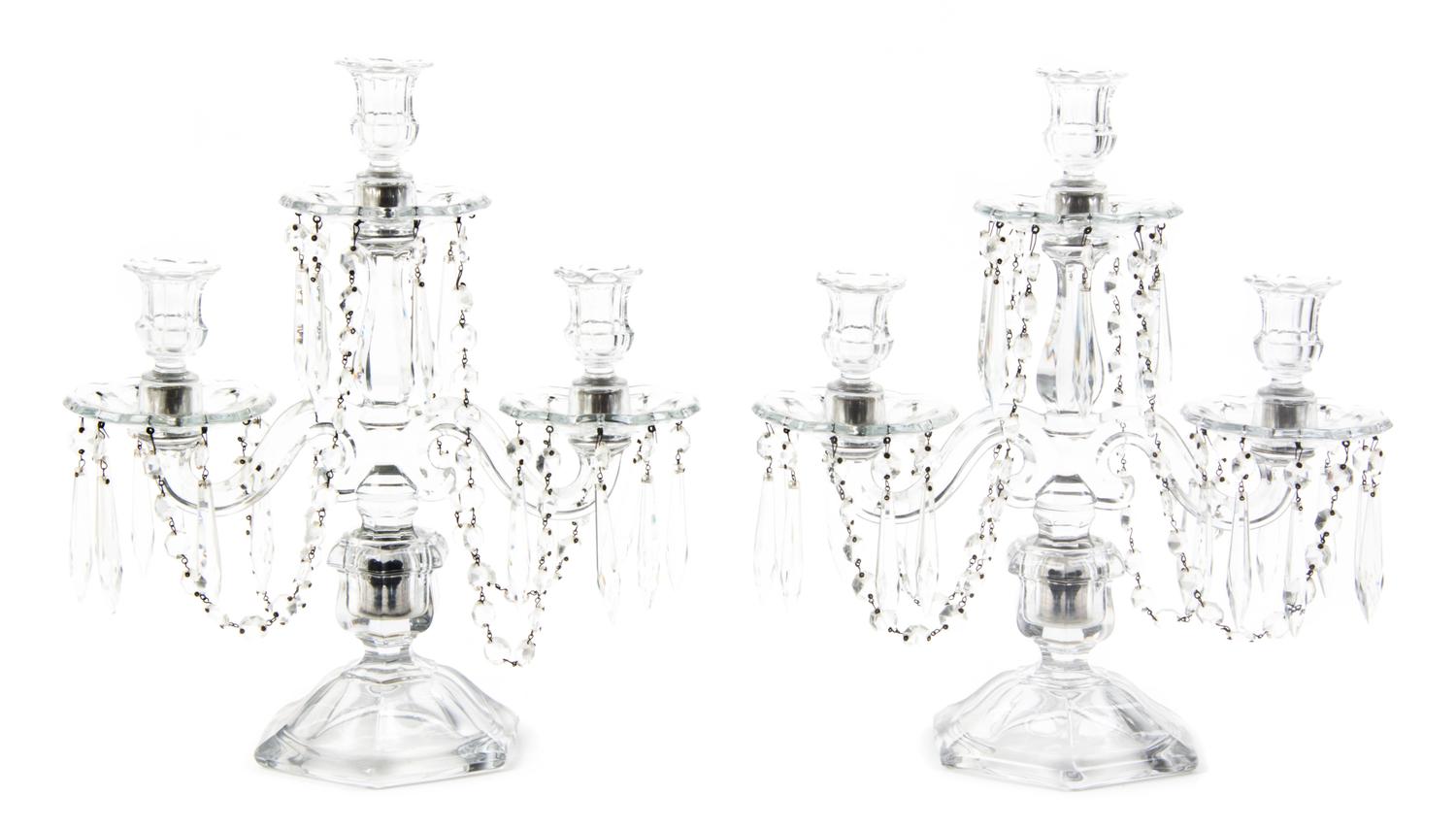 A Pair of English Glass Three-Light Candelabra, Height 13 inches.