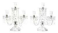 A Pair of English Glass Three-Light Candelabra, Height 13 inches.