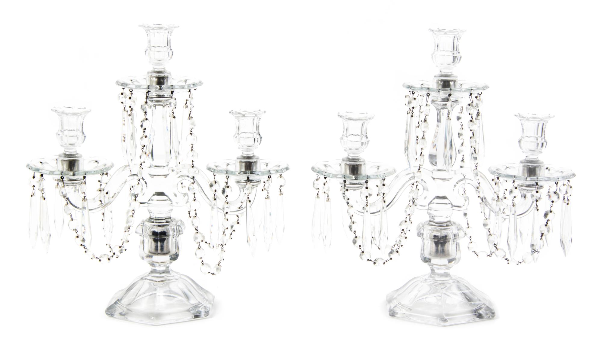 A Pair of English Glass Three-Light Candelabra, Height 13 inches.