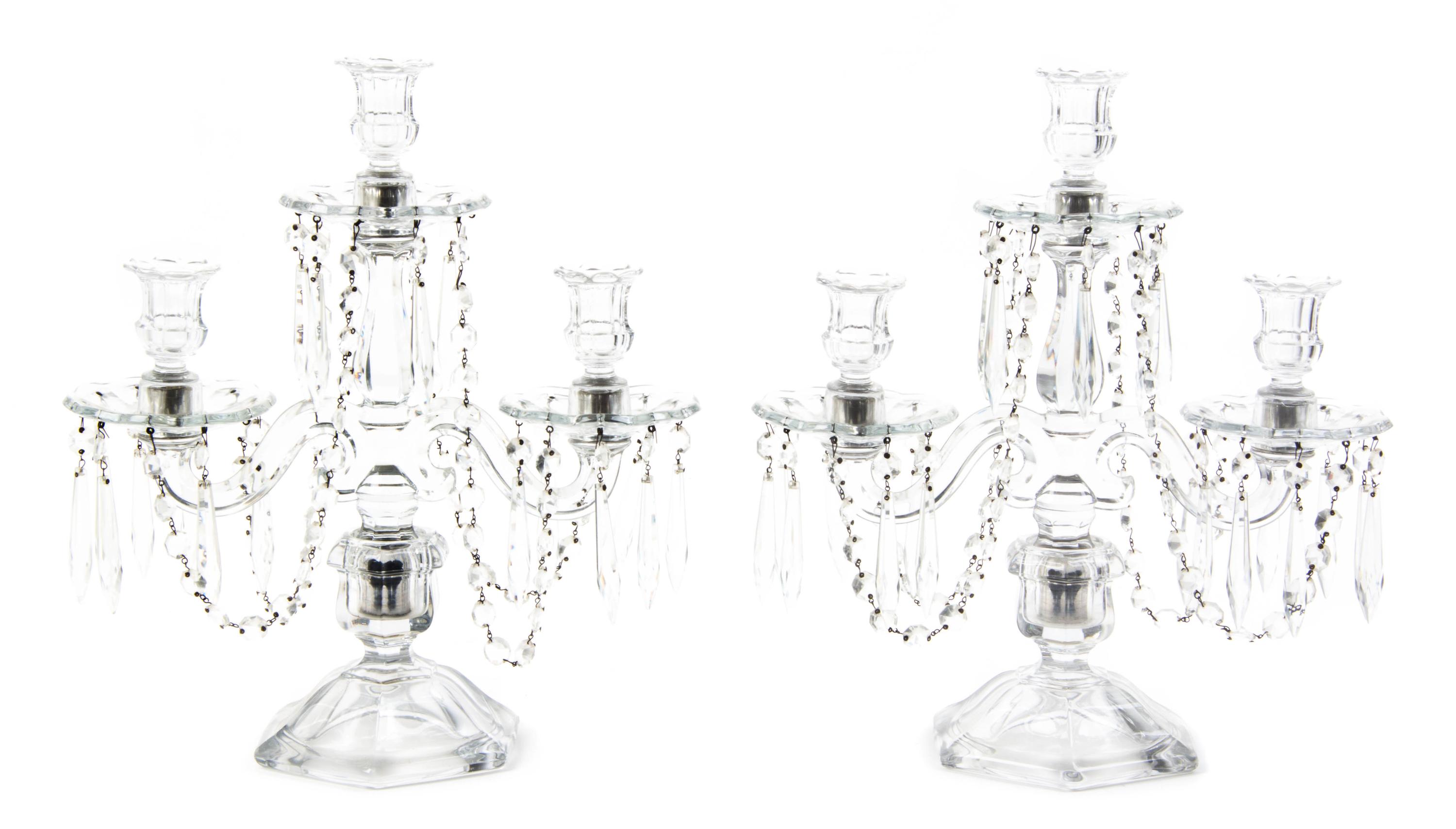 A Pair of English Glass Three-Light Candelabra, Height 13 inches.