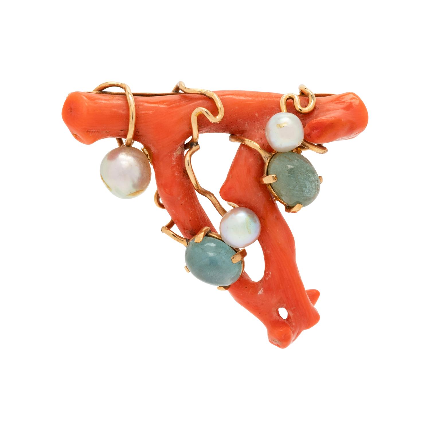 BRANCH CORAL, AQUAMARINE AND CULTURED PEARL BROOCH