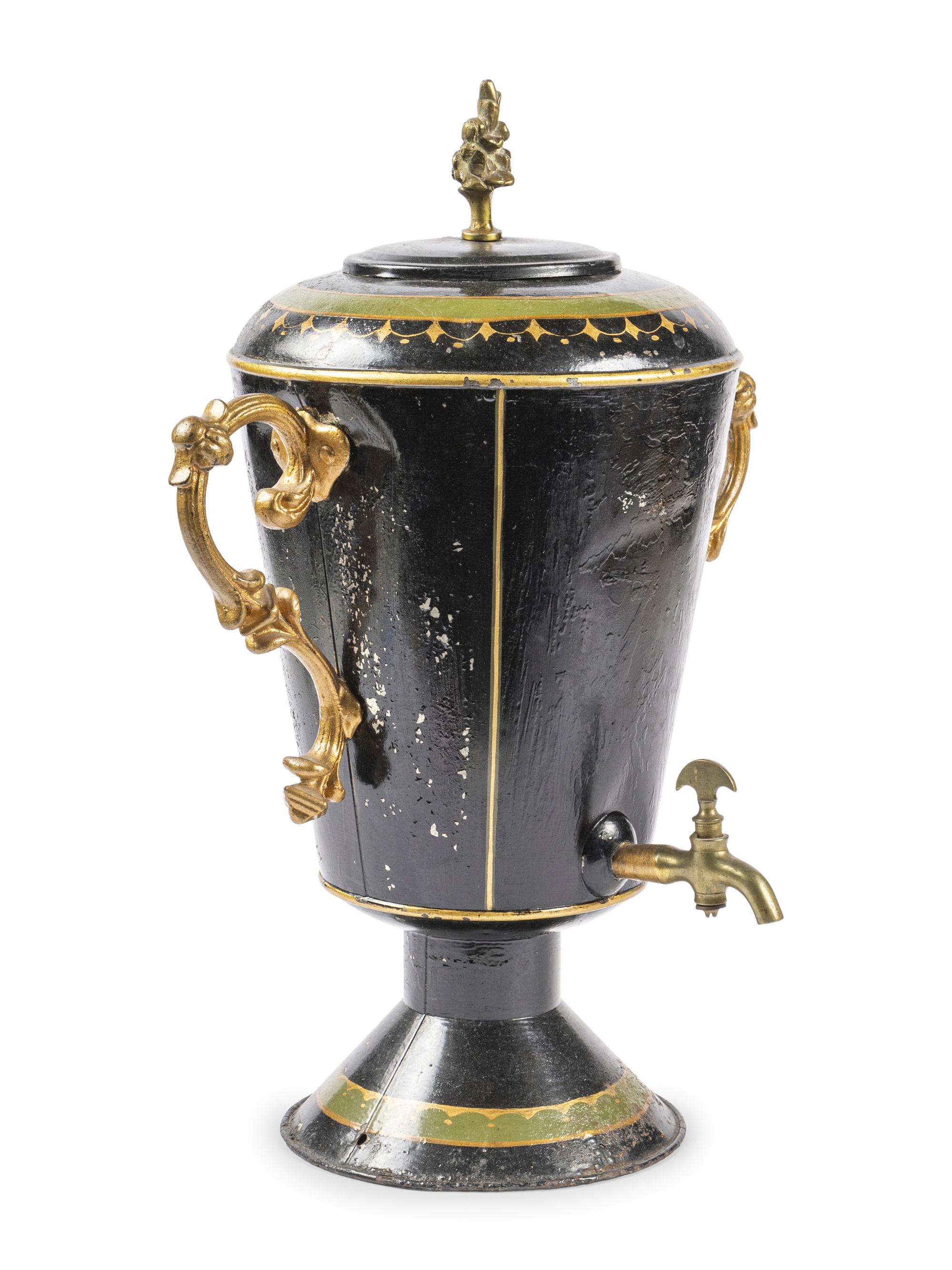 Two French Painted Tole Trays and a Tole Water Urn