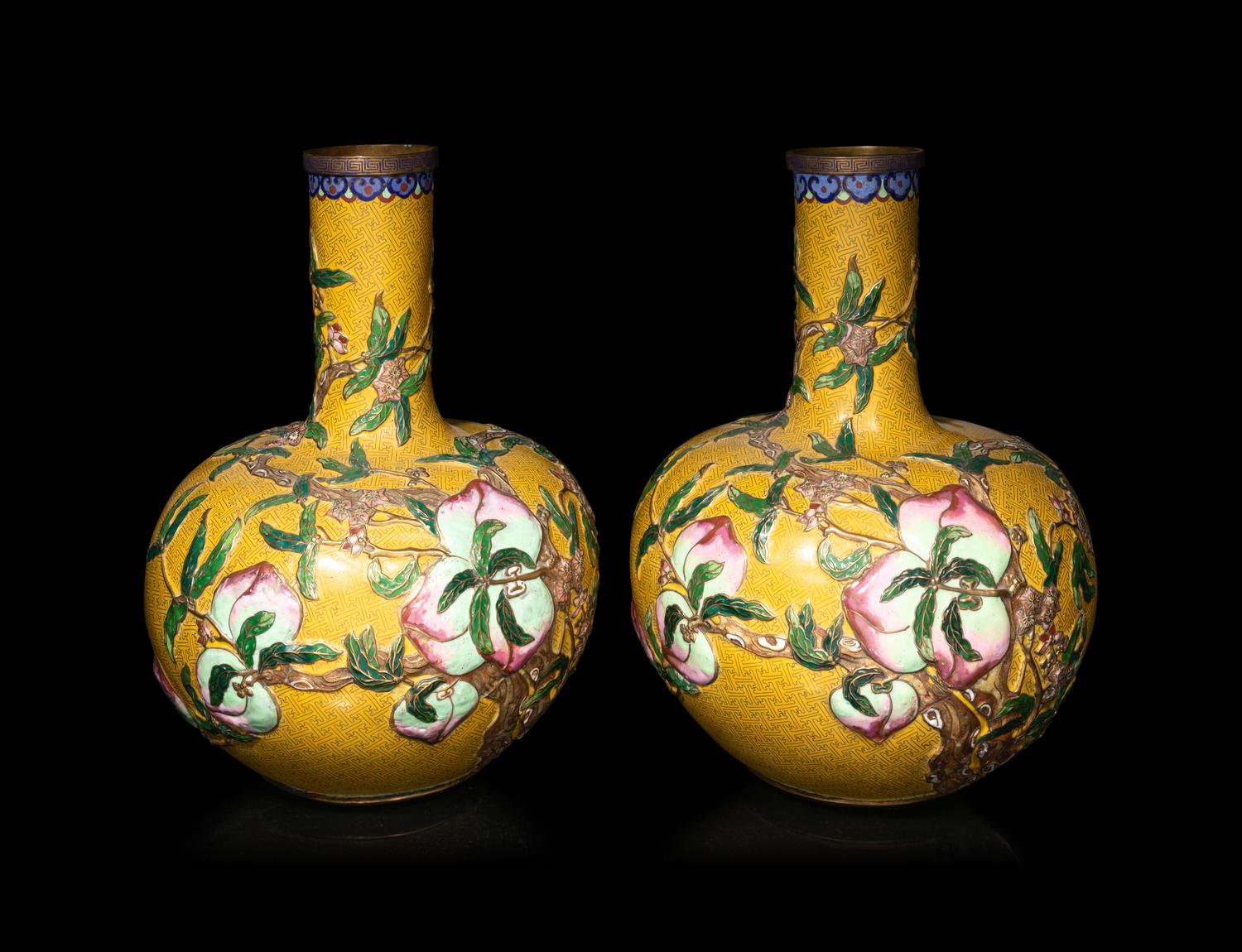 A Large Pair of Chinese Yellow Ground Cloisonné Enamel 'Peach' Tianqiuping Vases