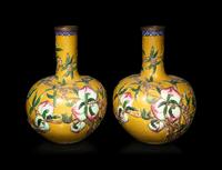 A Large Pair of Chinese Yellow Ground Cloisonné Enamel 'Peach' Tianqiuping Vases