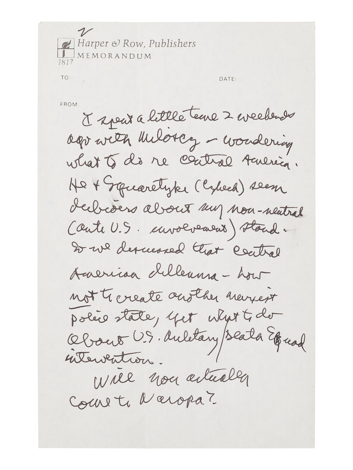 GINSBERG, Allen (1926-1997). Autograph letter signed ("Allan"), to István Eörsi. New York, New York, 11 May 1984. 4 pages, 8vo, 215 x 138 mm, on Harper & Row, Publishers Memorandum paper, Ginsberg's return address stamped on the first page, with original envelope .