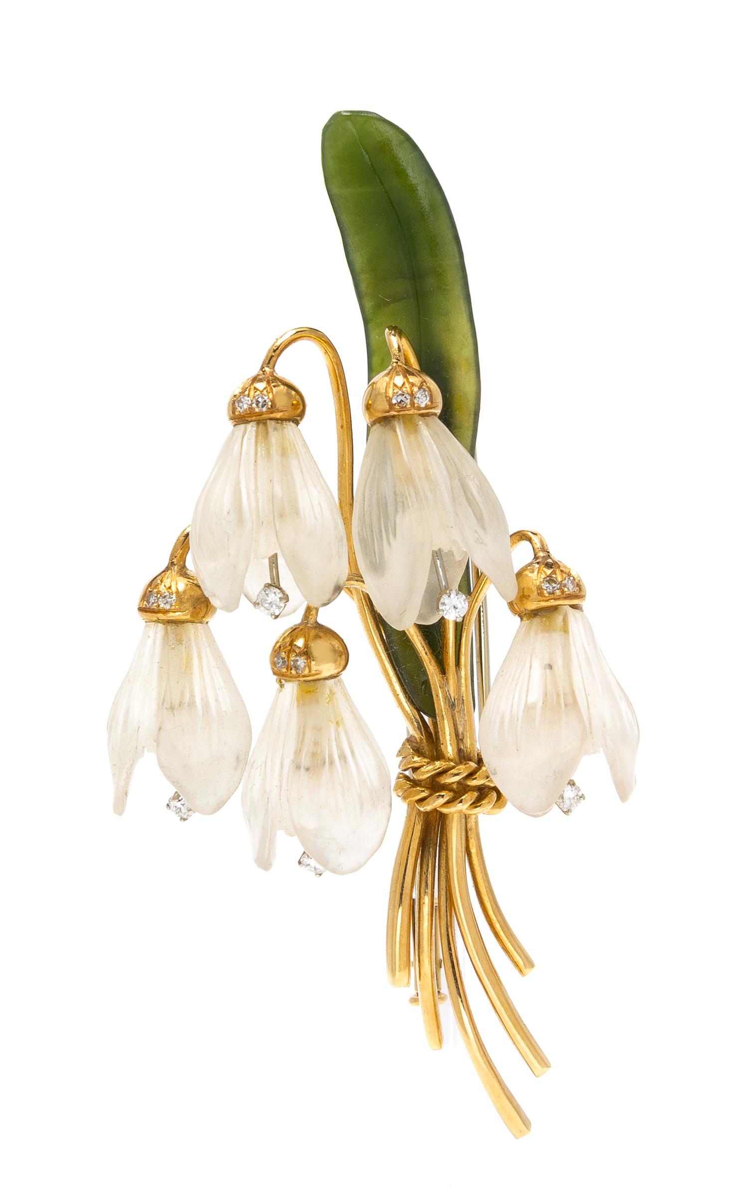 An 18 Karat Yellow Gold, Rock Crystal, Diamond and Nephrite Snowdrop Flower Brooch, Austrian, 15.50 dwts.