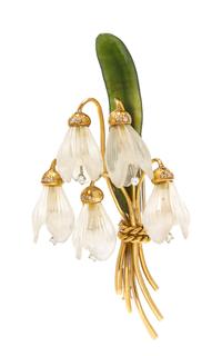 An 18 Karat Yellow Gold, Rock Crystal, Diamond and Nephrite Snowdrop Flower Brooch, Austrian, 15.50 dwts.