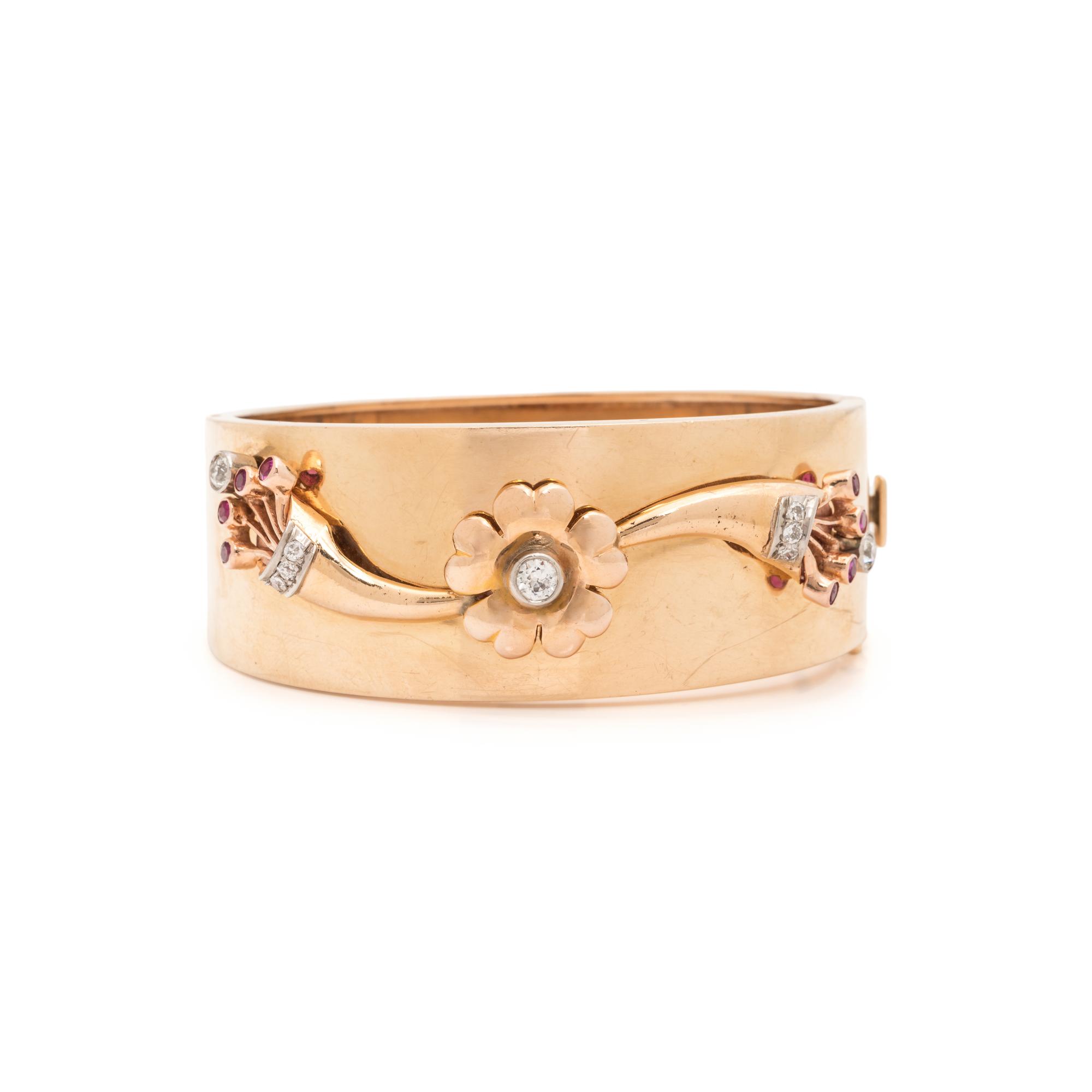 RETRO, ROSE GOLD, DIAMOND AND RUBY BANGLE BRACELET