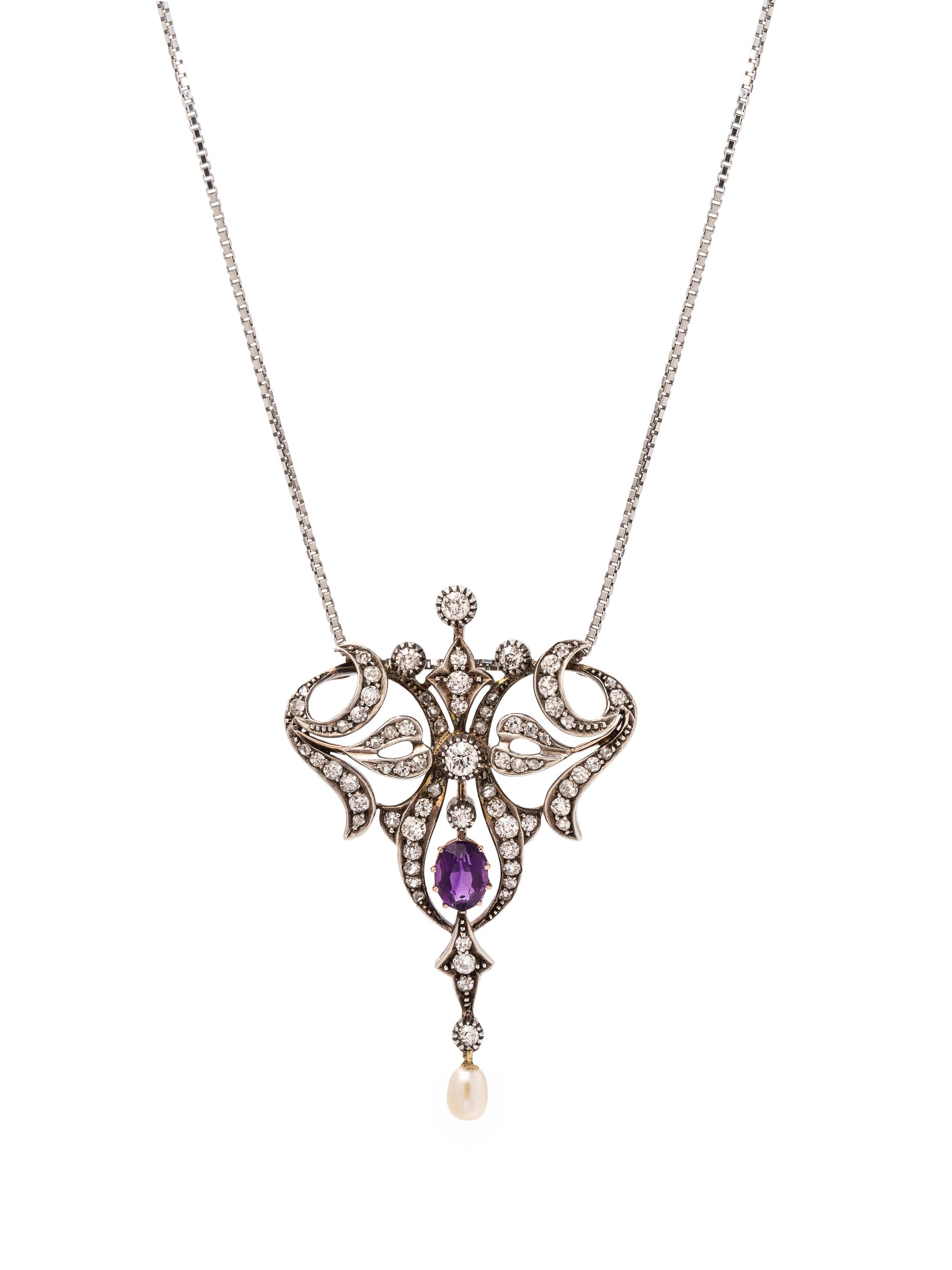 A Silver Topped Yellow Gold, Amethyst, Diamond and Cultured Pearl Pendant/Necklace,