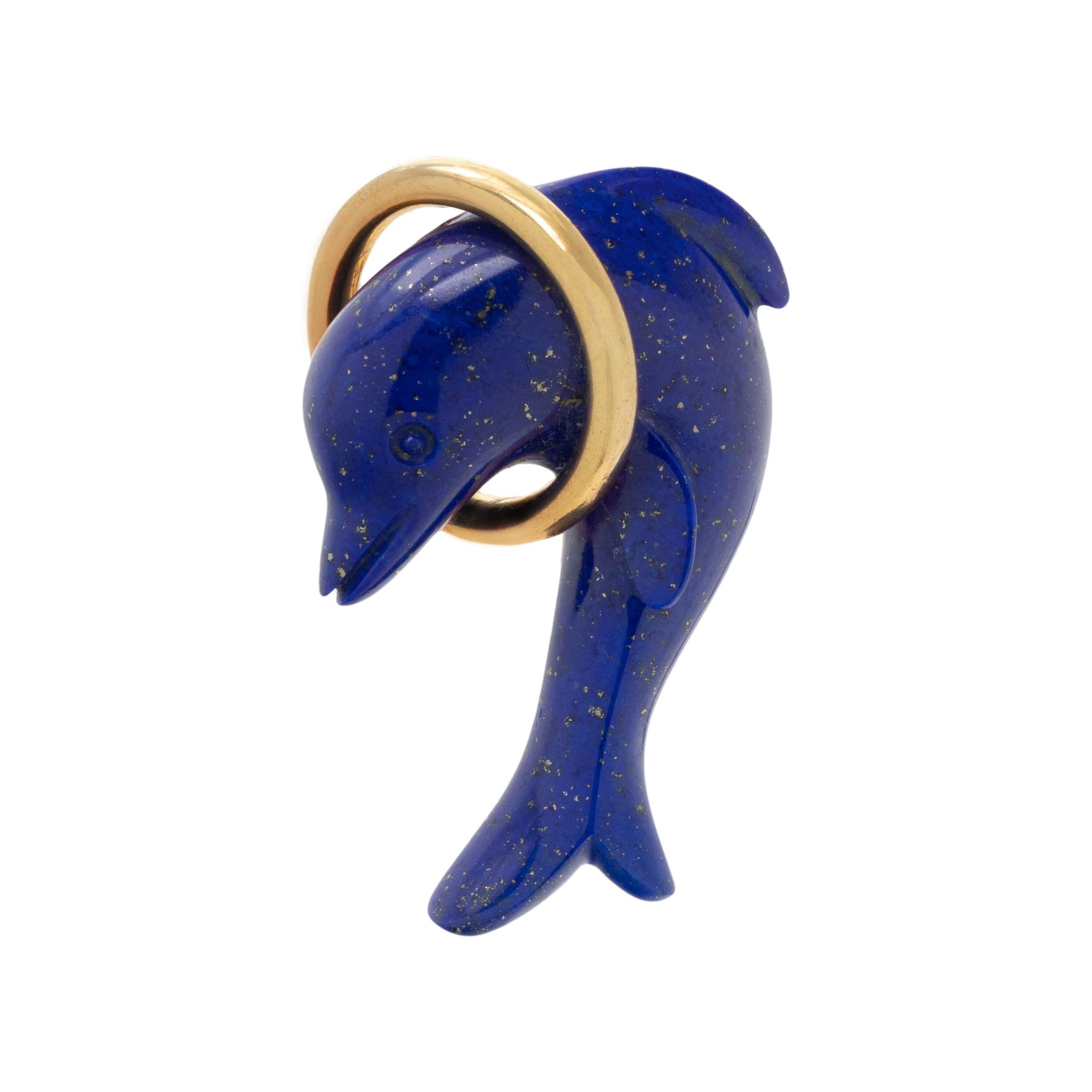 TIFFANY & CO., YELLOW GOLD AND LAPIS LAZULI DOLPHIN BROOCH