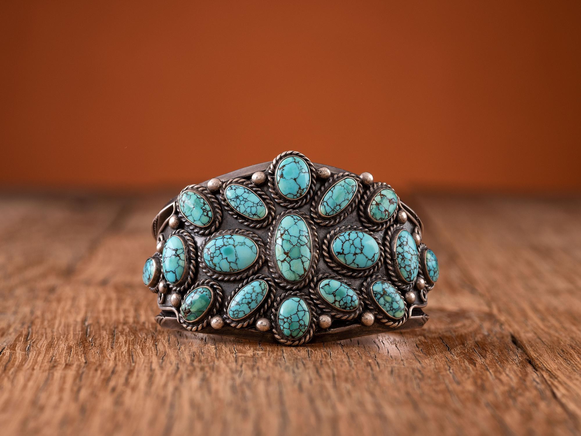 Navajo Silver and #8 Turquoise Cluster Cuff Bracelet