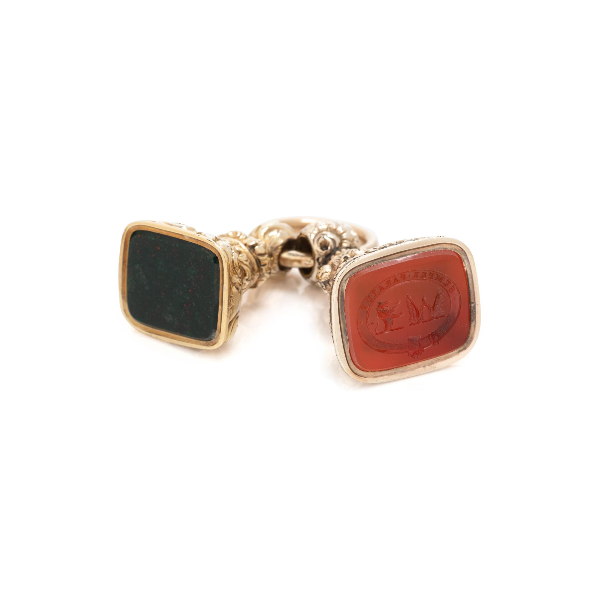 PAIR OF YELLOW GOLD AND HARDSTONE FOBS