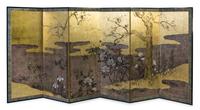 Two Japanese Six-Panel Floor Screens Height of each panel 68 x width 25 1/4 inches.