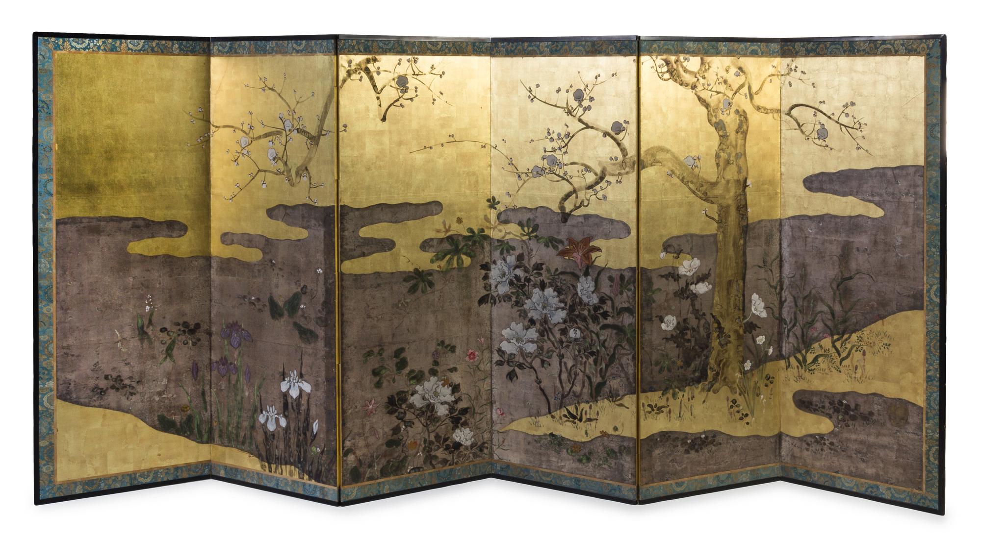Two Japanese Six-Panel Floor Screens Height of each panel 68 x width 25 1/4 inches.