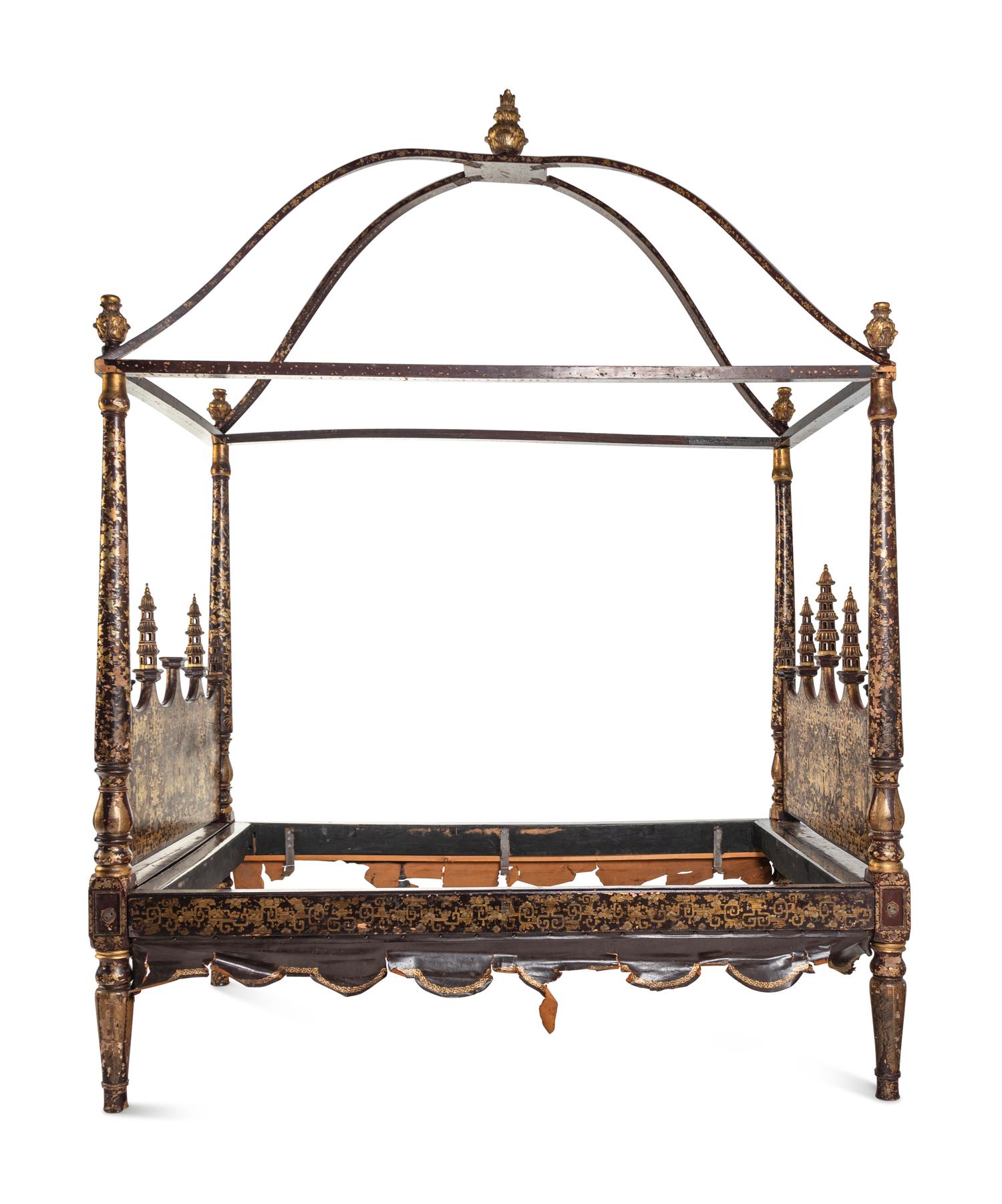A Chinese Export Brown and Gold Lacquer Four-Post Canopy Bed