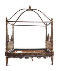 A Chinese Export Brown and Gold Lacquer Four-Post Canopy Bed
