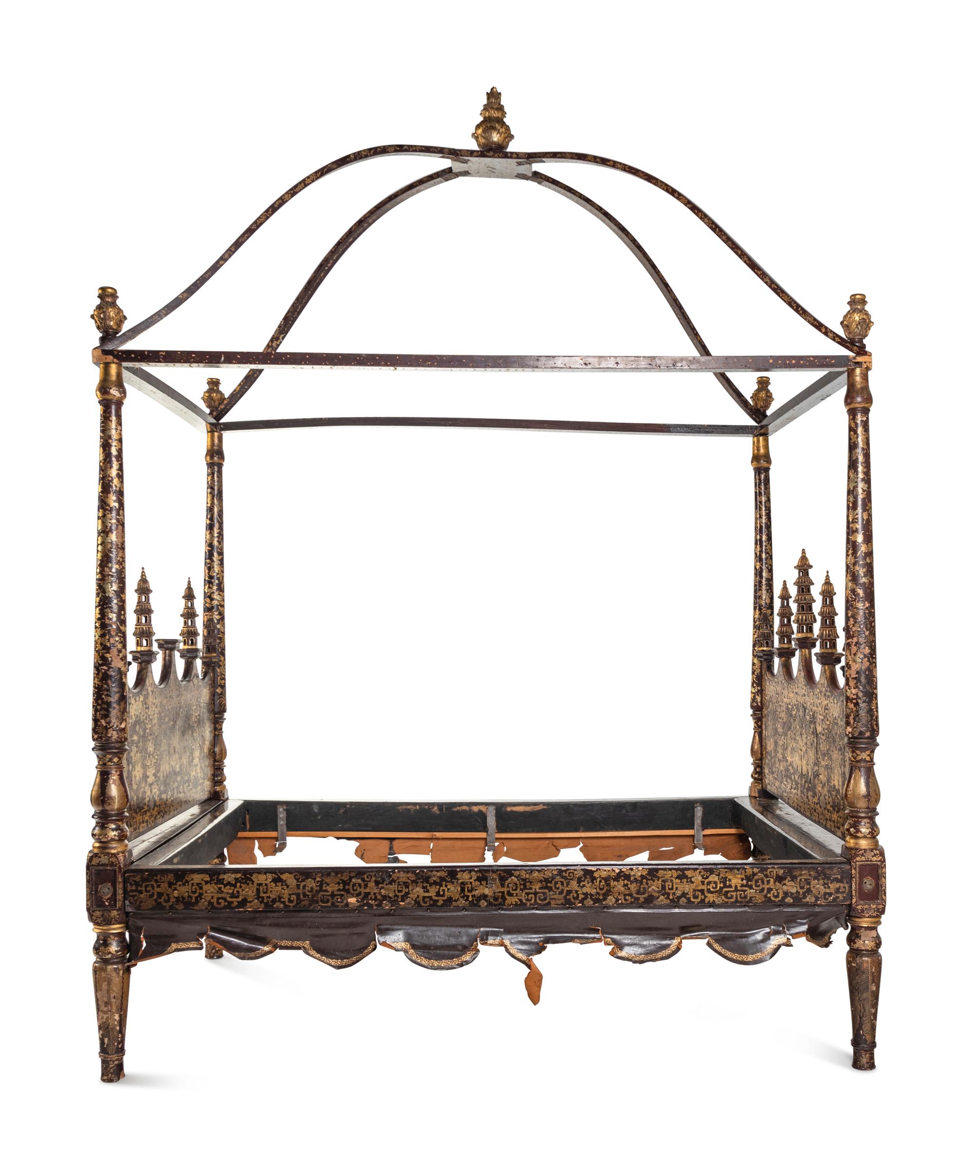 A Chinese Export Brown and Gold Lacquer Four-Post Canopy Bed