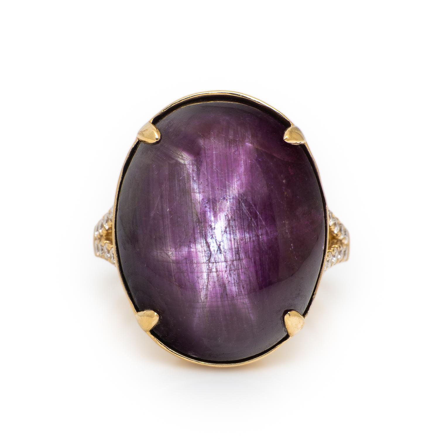Star Purple Sapphire, Diamond, and Yellow Gold Ring