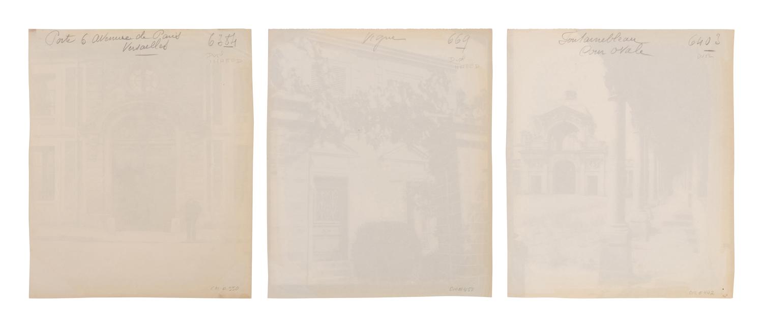 A group of three photographs ( Vigne, 1910 or earlier; Porte, avenue de Paris (Versailles) , 1922; Fontainebleau, cour ovale , 1903)