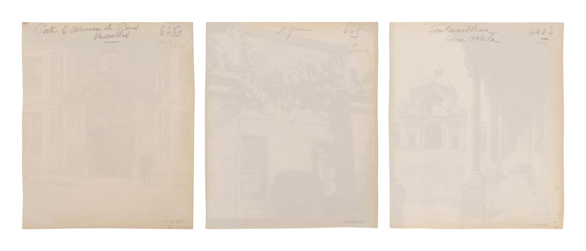 A group of three photographs ( Vigne, 1910 or earlier; Porte, avenue de Paris (Versailles) , 1922; Fontainebleau, cour ovale , 1903)