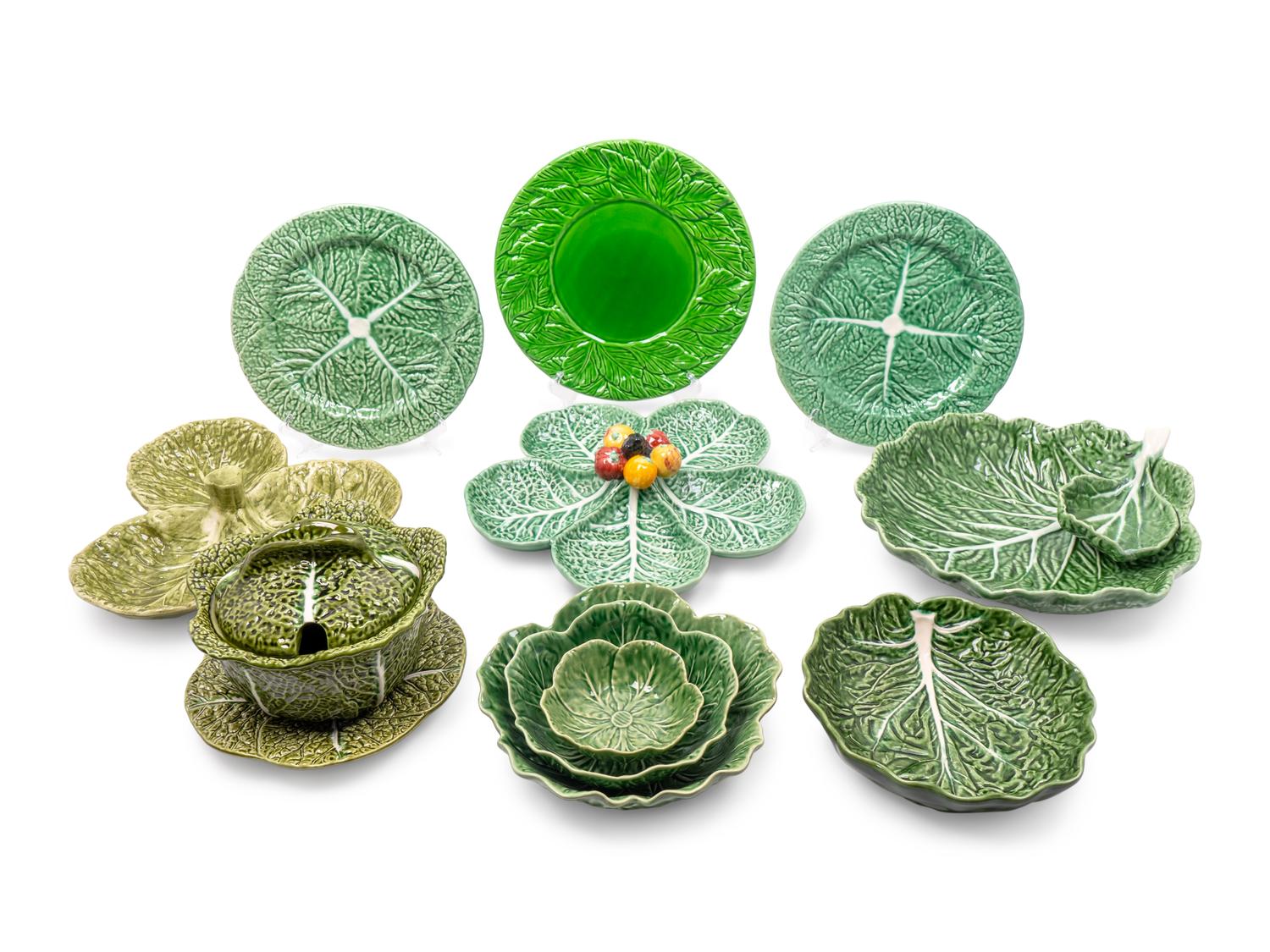 A Group of Portuguese and English Majolica Cabbage Articles