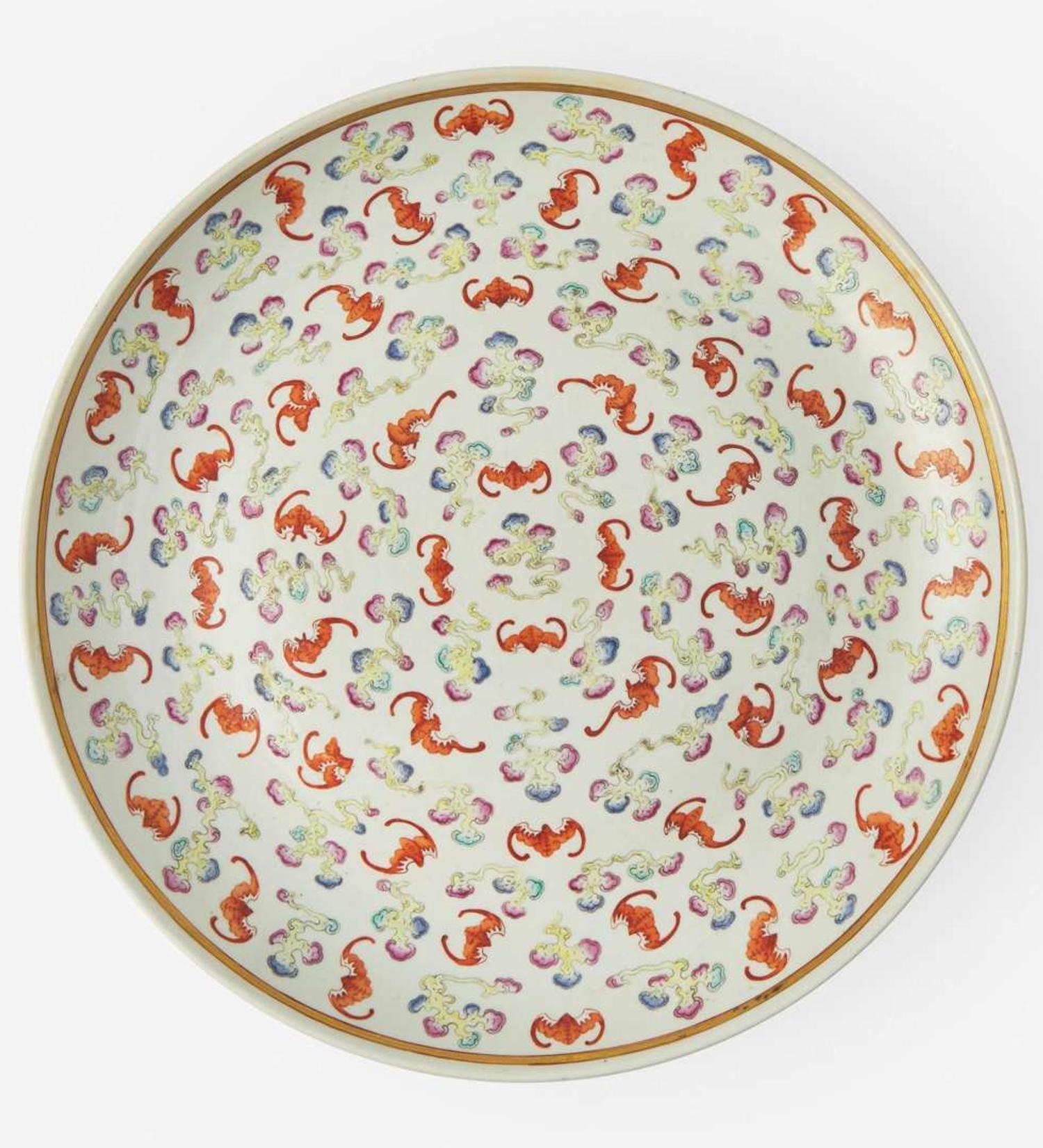 A Chinese famille rose-decorated porcelain “Thousand Bats” charger “洪福齊天”盤 Guangxu six-character mark and of the period ??? ? ??