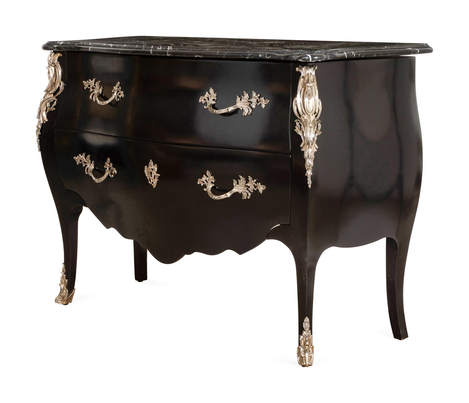 A Pair of Ralph Lauren Silvered Bronze-Mounted Marble-Top Ebonized Commodes