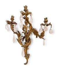A Pair of Rococo Style Gilt Bronze and Crystal Three-Light Wall Sconces — LATE 19TH CENTURY