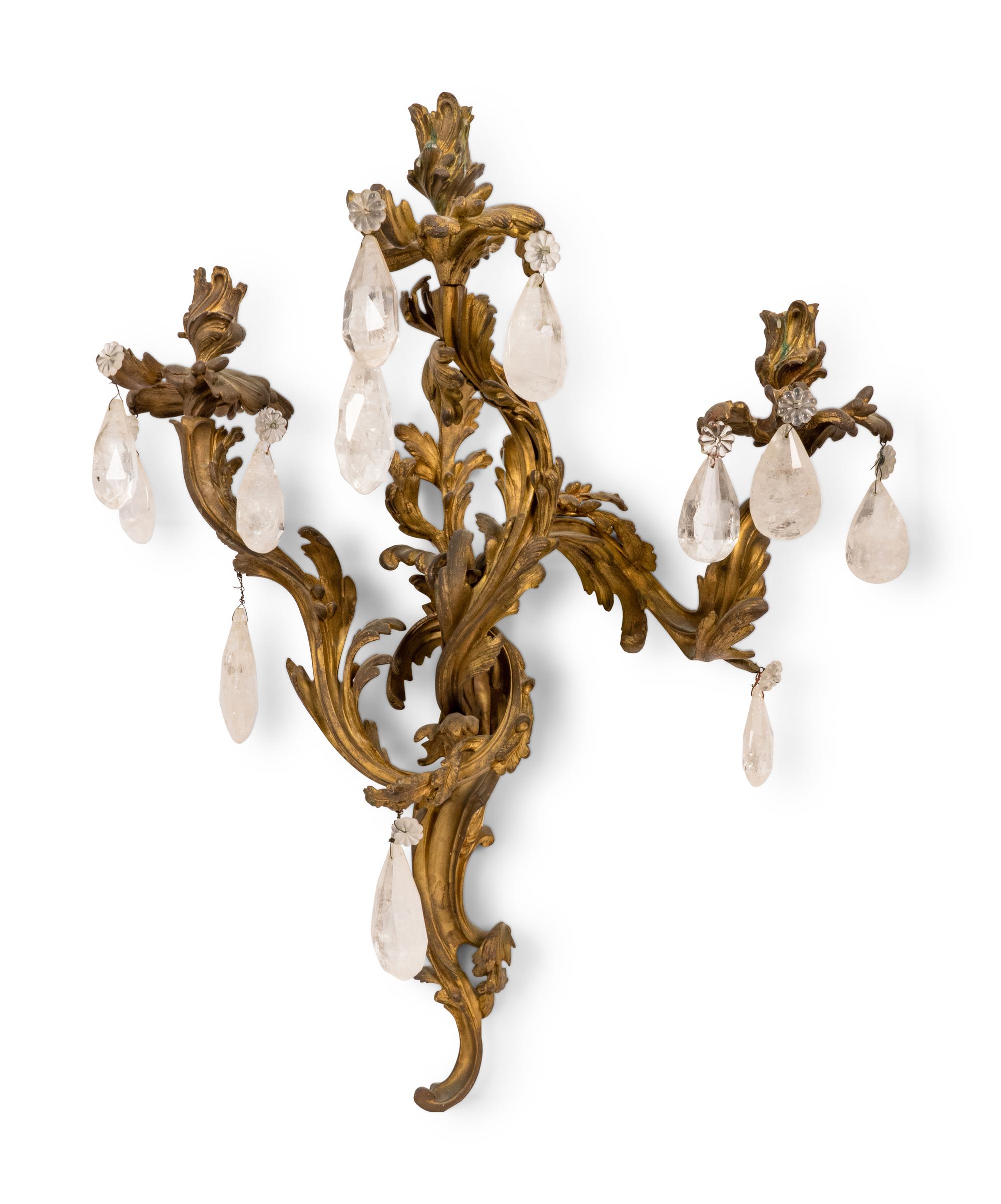 A Pair of Rococo Style Gilt Bronze and Crystal Three-Light Wall Sconces — LATE 19TH CENTURY