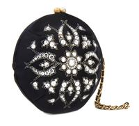 A Chanel Black Silk Embroidered Rhinestone Circular Clutch, 7" diameter.