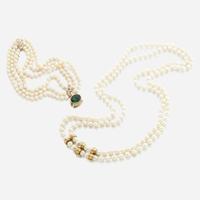 Two cultured pearl, gold, and gem-set necklaces